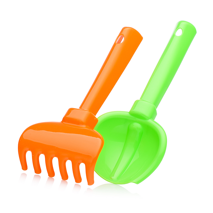 Набор №251: ведро среднее с наклейкой, совок №2, грабельки №2, формочки (заяц + лошадка), кораблик "