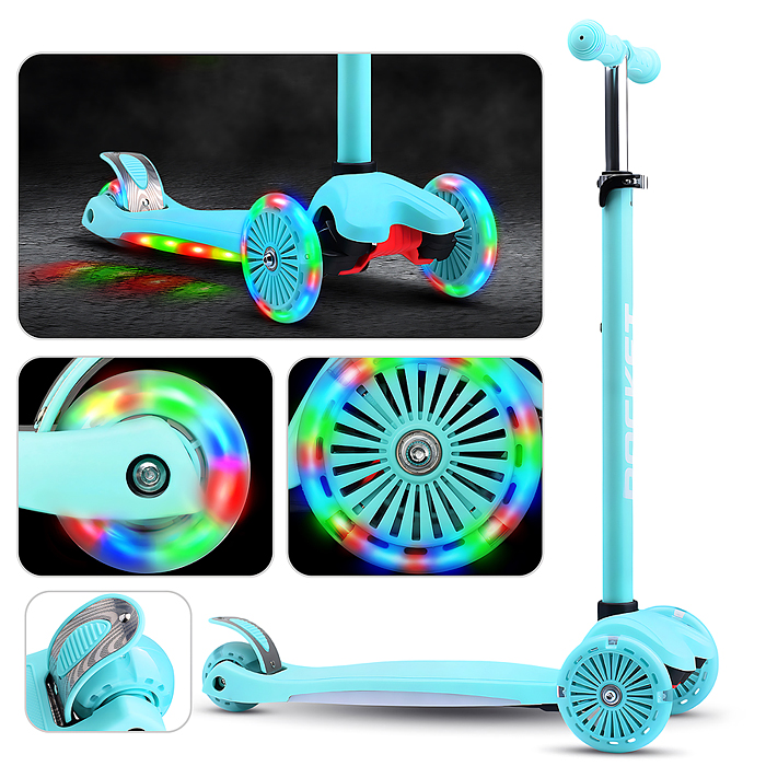 Самокат 3-х колесный ROCKET,колеса PU со светом, ABEC 7, бирюзовый