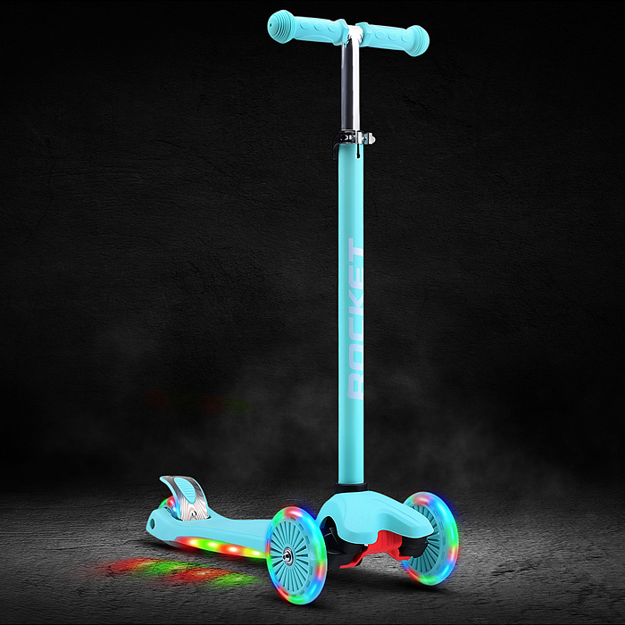 Фото к товару Самокат 3-х колесный ROCKET,колеса PU со светом, ABEC 7, бирюзовый Самокат 3-х колесный ROCKET,колеса PU со светом, ABEC 7, бирюзовый