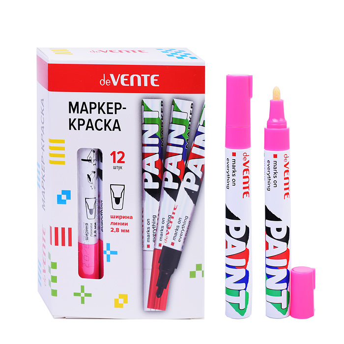 Маркер-краска розовая, круглый алюминиевый корпус, с клипом, нитро-основа, пулевидный наконечник