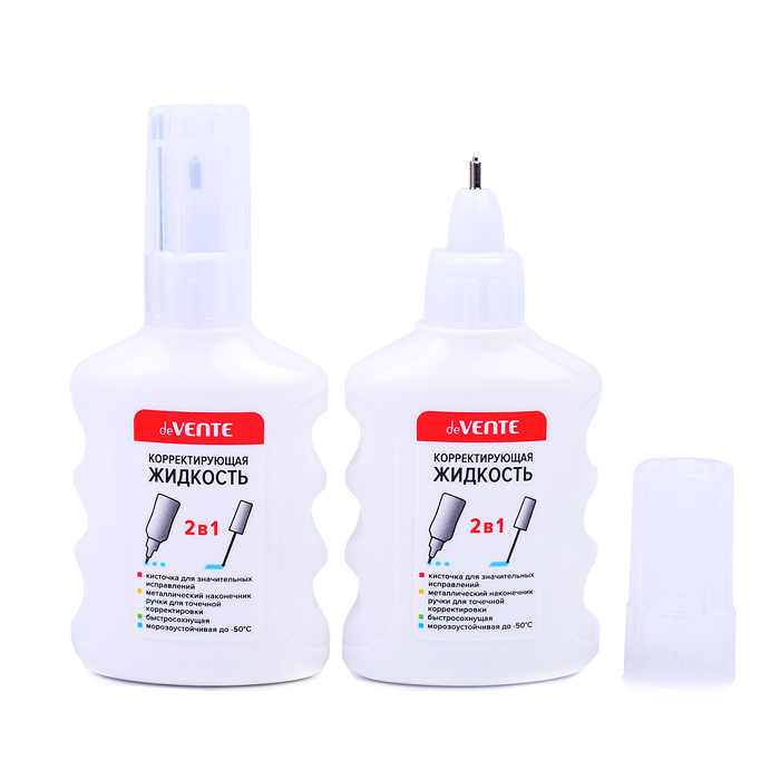 Фото к товару Корректирующая жидкость 2 в 1, 13 мл, быстросохнущая, в бутылочке с кисточкой и металлическ Корректирующая жидкость 2 в 1, 13 мл, быстросохнущая, в бутылочке с кисточкой и металлическ