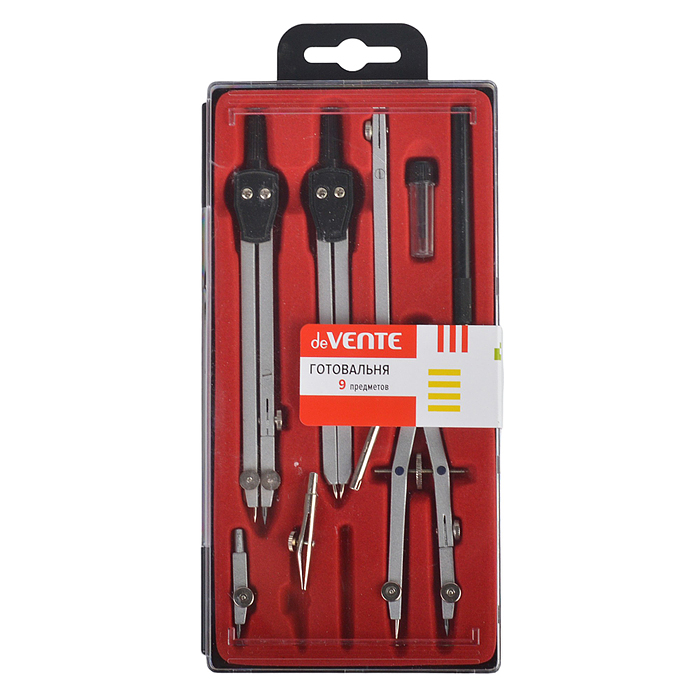 Готовальня (9 предметов) в пластиковом футляре с красным ложементом Готовальня (9 предметов) в пластиковом футляре с красным ложементом