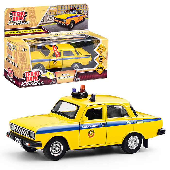 Машина металл ретро-модель Милиция,12,5см,св-зв, перед. дв.,инер.,желтый, кор. 