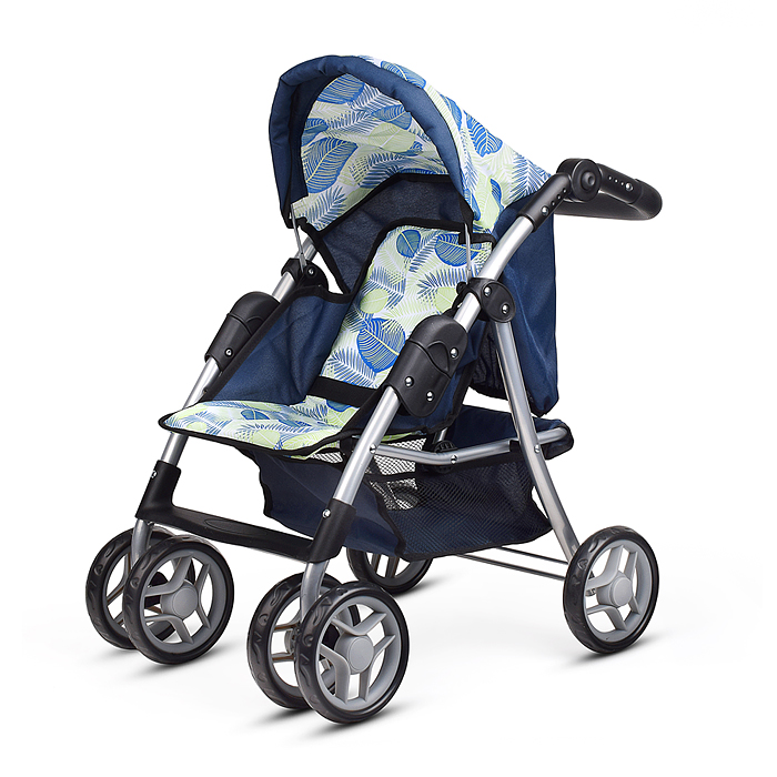 Коляска для кукол 9352 металл., складная, прогулочная с козырьком, с корзиной, принт листья