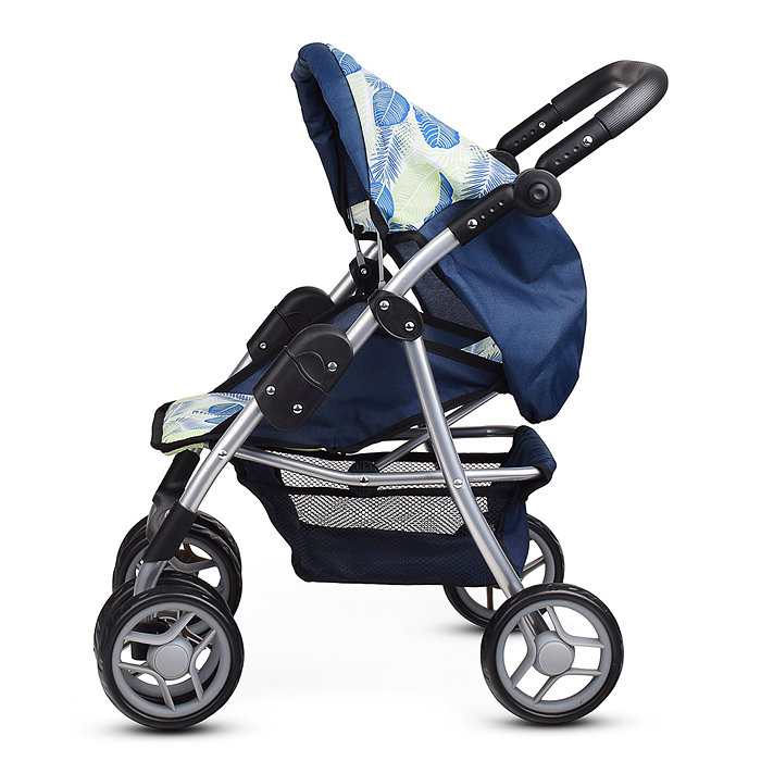 Коляска для кукол 9352 металл., складная, прогулочная с козырьком, с корзиной, принт листья