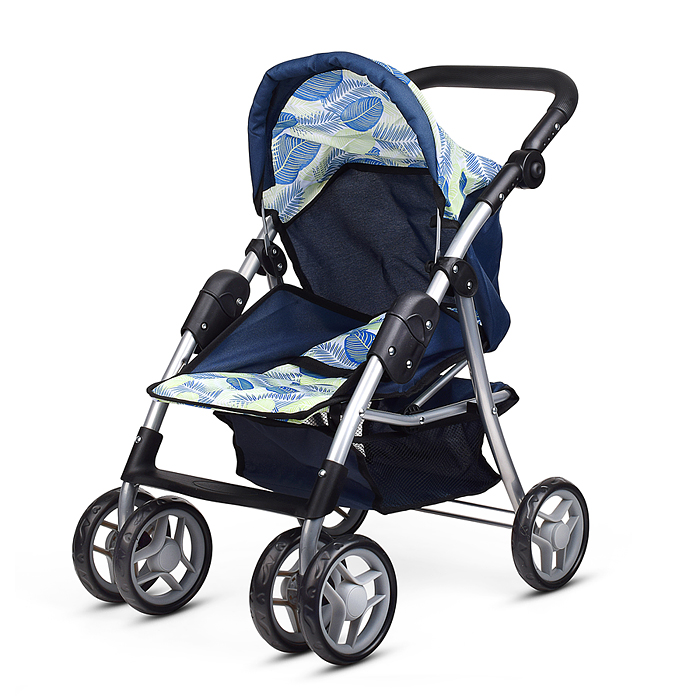 Коляска для кукол 9352 металл., складная, прогулочная с козырьком, с корзиной, принт листья