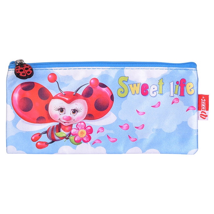 Пенал школьный "Божья коровка в облаках" (без наполнения, 20.5х3x6 см,атлас, застеж.-молния, фигурн)