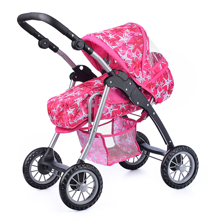 Коляска-люлька 9388 для кукол, металлическая, с корзиной, цвет морские звезды в пакете