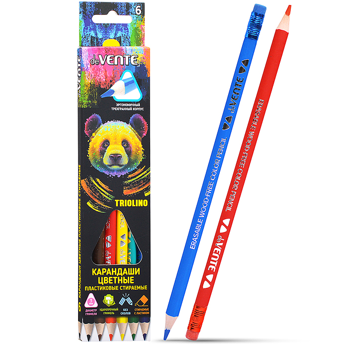 Карандаши цветные пластиковые "Triolino.Erase" стираемые, 6 цветов, 2М, диаметр грифеля 3мм 