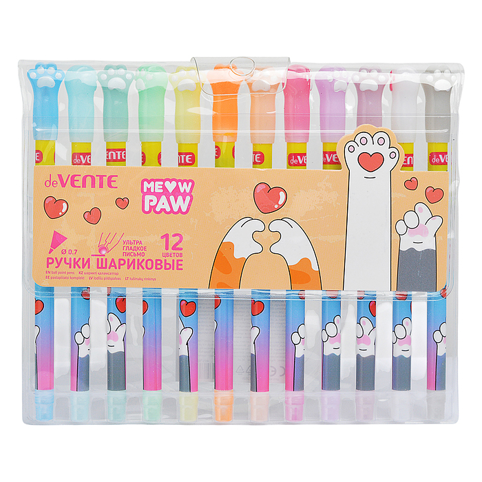 Фото к товару Набор ручек шариковых "Meow Paw" 12 цветов, d=0,7 мм, пластиковый корпус Набор ручек шариковых "Meow Paw" 12 цветов, d=0,7 мм, пластиковый корпус