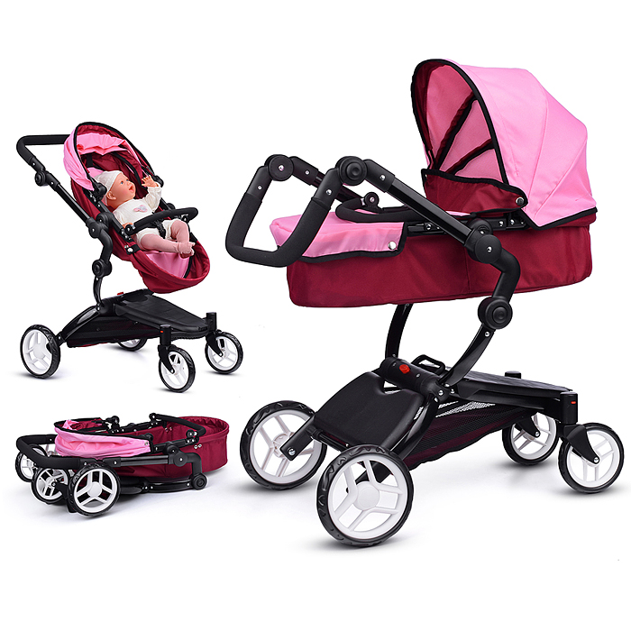 Коляска для кукол 9641 металлическая, регулируемая ручка, с корзиной, цвет розовый, в пакете