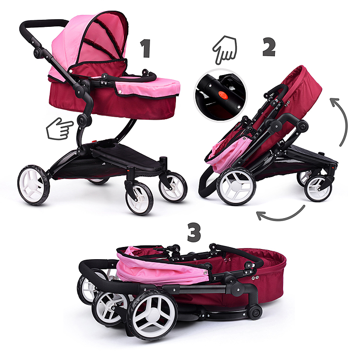 Коляска для кукол 9641 металлическая, регулируемая ручка, с корзиной, цвет розовый, в пакете