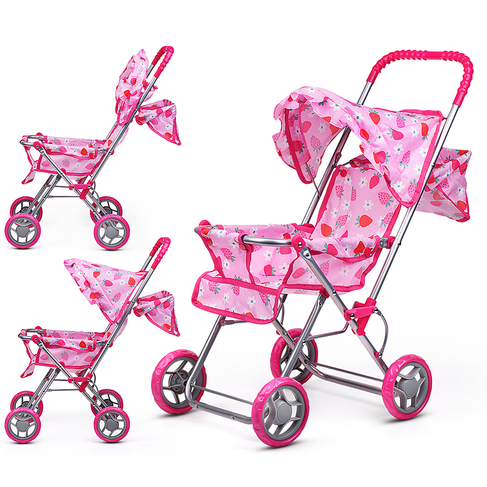 Коляска для кукол 9305 складная, прогулочная, с тентом, цвет клубнички на розовом