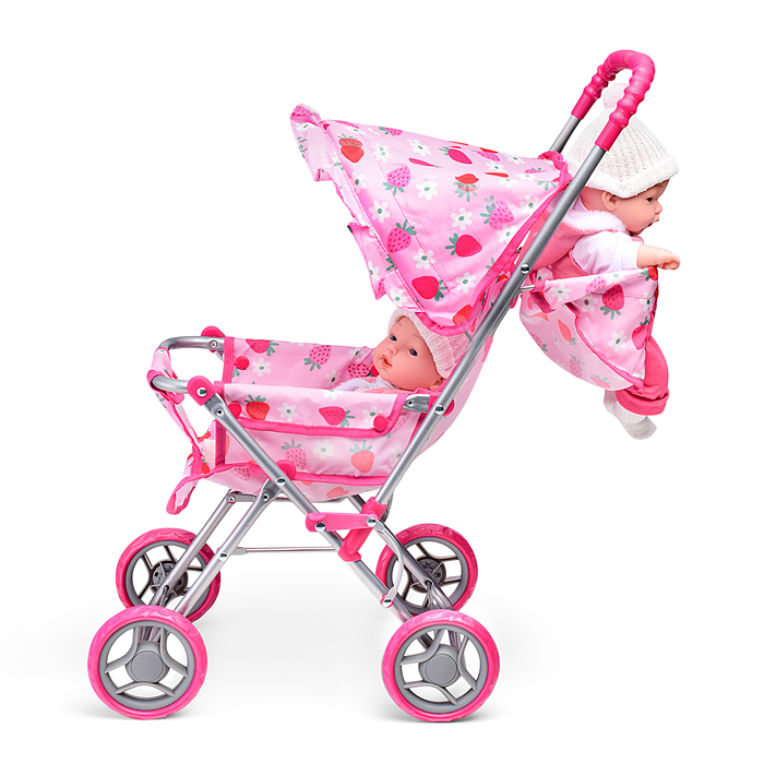 Коляска для кукол 9305 складная, прогулочная, с тентом, цвет клубнички на розовом
