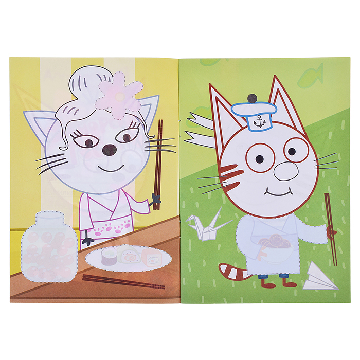 Фото к товару Книга раскраска, аппликация. Три Кота. Приклей-ка. Заморские гости Книга раскраска, аппликация. Три Кота. Приклей-ка. Заморские гости