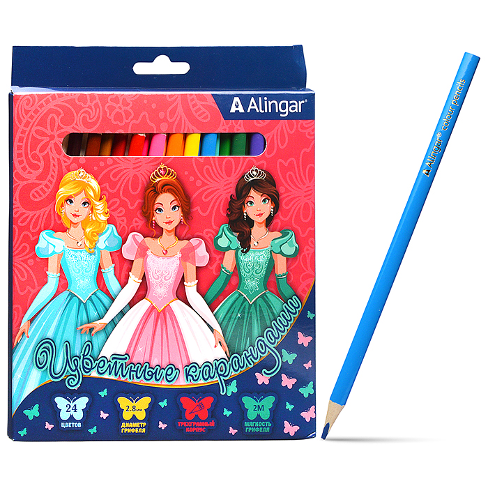 Карандаши цветные 24цв. "Принцессы" деревянные, трехгранные, заточенные, грифель 2.8 мм, ка