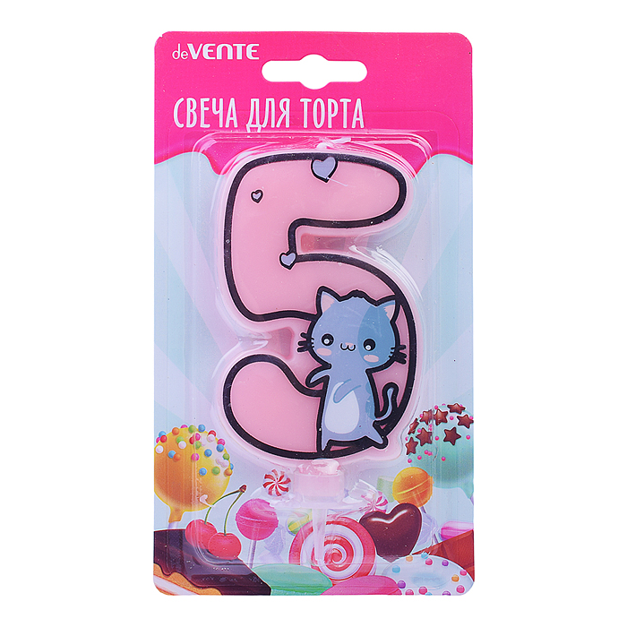 Свеча-цифра для торта "Котик" 5, размер свечки 9,1x6,6x1 см, с рисунком, розовая, в картонн