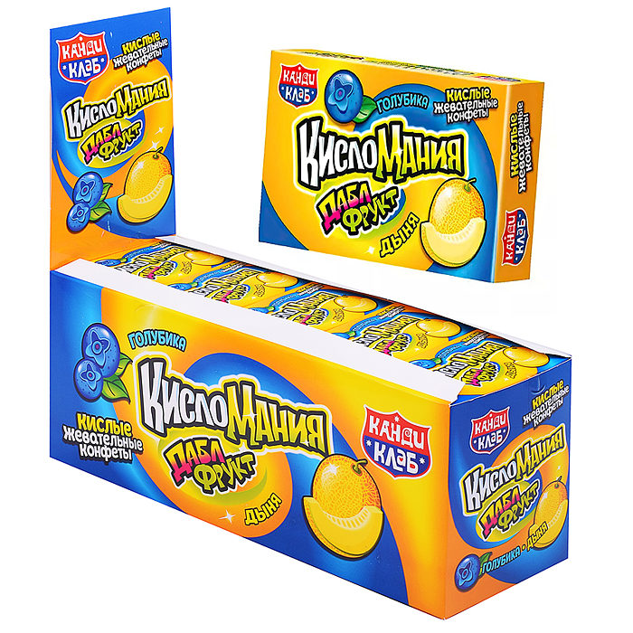 Жевательная конфета "Кисломания" голубика и дыня 14гр (30шт)