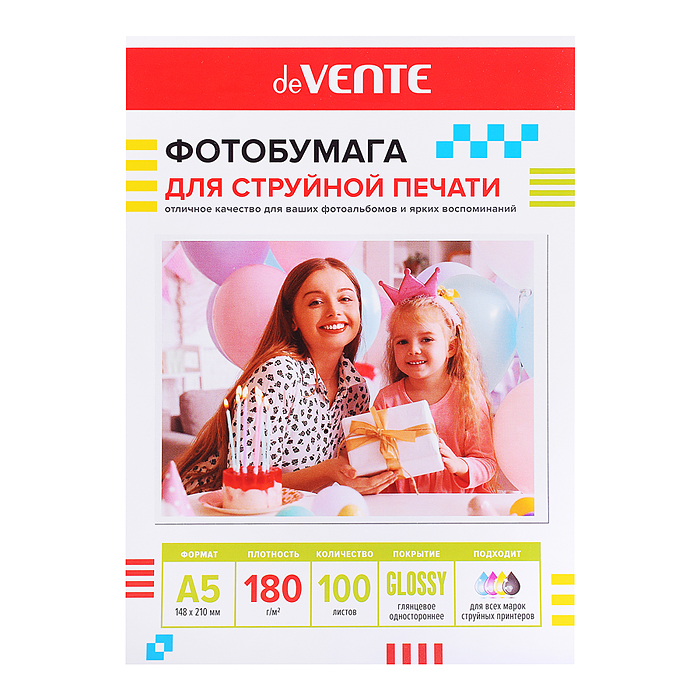 Фотобумага для струйной печати A5 (21х14,8 см), 100 л, 180 г/м², глянцевая односторонняя