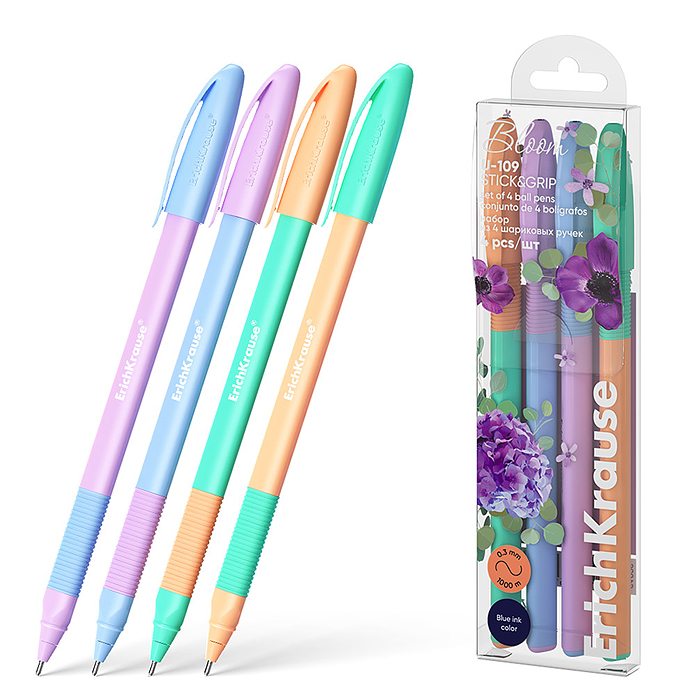Набор из 4 ручек шариковых U-109 Stick&Grip Pastel Bloom 1.0, Ultra Glide Technology, синий