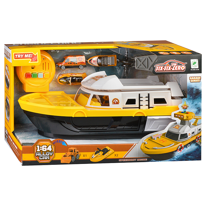 Катер 660-A248 в комплекте с машиной, желтый, в коробке