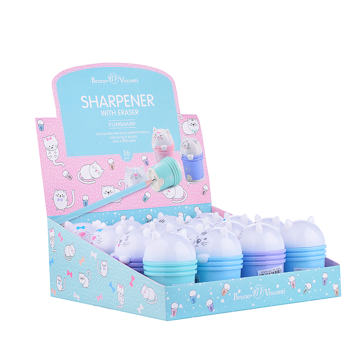 Фото к товару Точилка с контейнером и ластиком, 1 отверстие "Котята" (4 вида) Точилка с контейнером и ластиком, 1 отверстие "Котята" (4 вида)