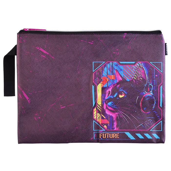 Папка для тетрадей "Label. Cyber Cat" A4 (34,5x25,5x1,5 см) на молнии сверху, с ручкой, иску