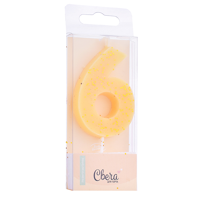 Свеча Цифра, 6, Кремовый, с блестками, 4,3*7,5 + 4,5 см, 1 шт. с держат.