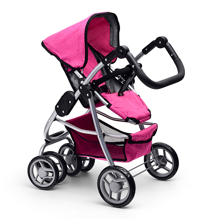 Коляска-трансформер 9662M для кукол, металлическая, регулируемая ручка, с корзиной, цвет розовый