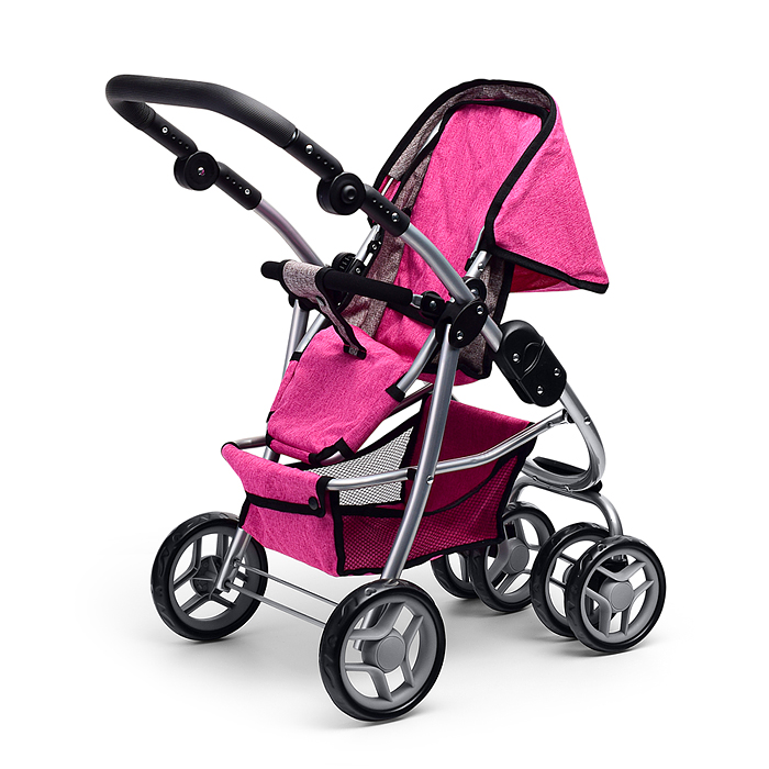 Коляска-трансформер 9662M для кукол, металлическая, регулируемая ручка, с корзиной, цвет розовый