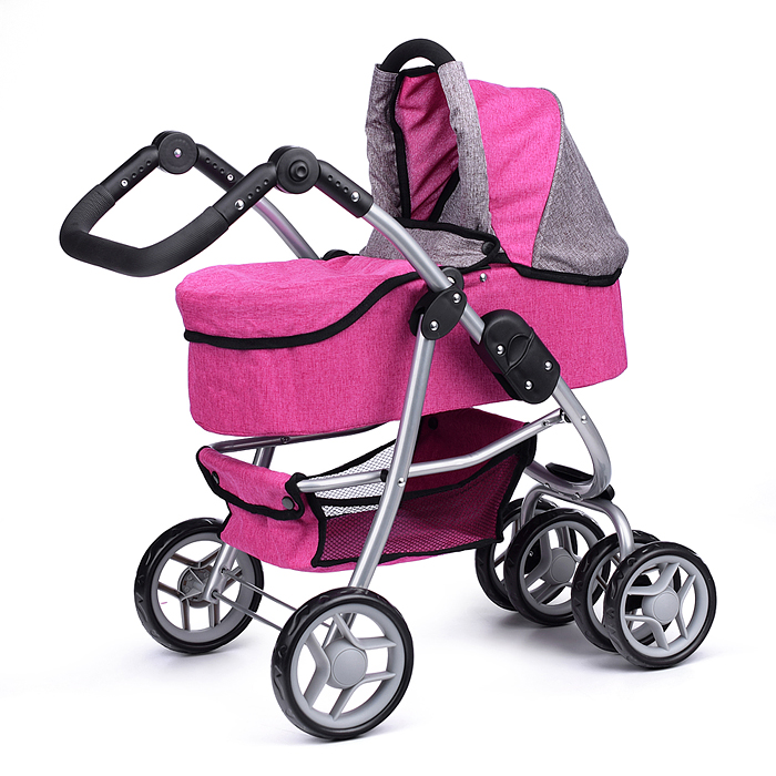 Коляска-трансформер 9662M для кукол, металлическая, регулируемая ручка, с корзиной, цвет розовый