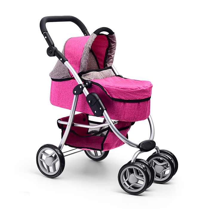 Коляска-трансформер 9662M для кукол, металлическая, регулируемая ручка, с корзиной, цвет розовый