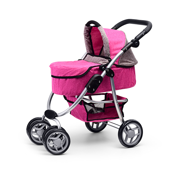 Коляска-трансформер 9662M для кукол, металлическая, регулируемая ручка, с корзиной, цвет розовый