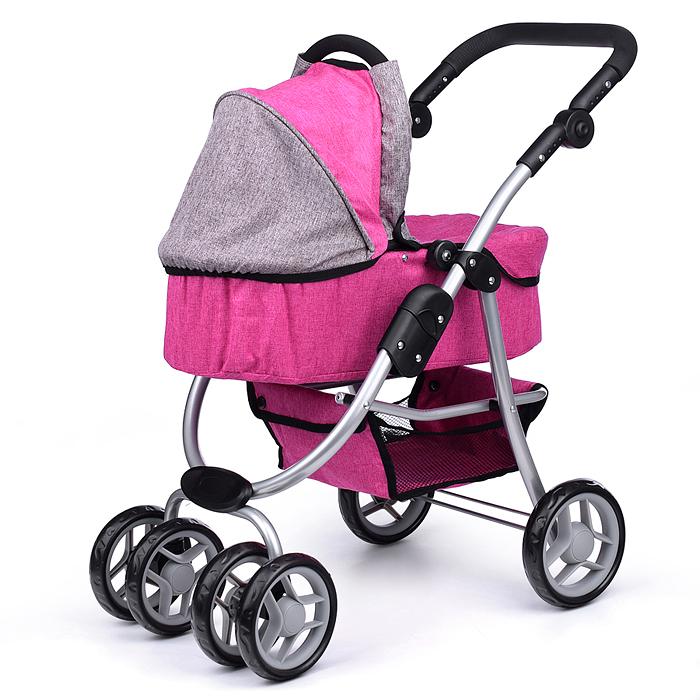 Коляска-трансформер 9662M для кукол, металлическая, регулируемая ручка, с корзиной, цвет розовый