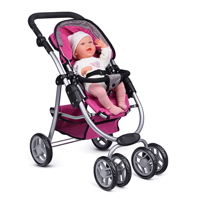 Коляска-трансформер 9662M для кукол, металлическая, регулируемая ручка, с корзиной, цвет розовый