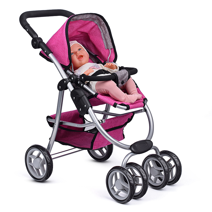 Коляска-трансформер 9662M для кукол, металлическая, регулируемая ручка, с корзиной, цвет розовый