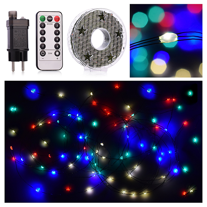 Электрогирлянда Роса 30м, 300 ламп, зеленый провод, цветная, пульт