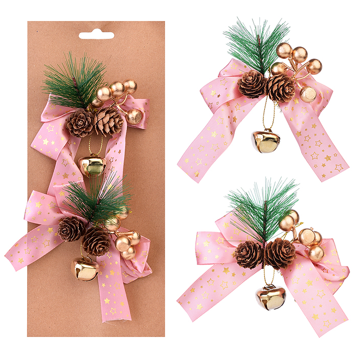 Набор новогодних украшений S2205 "Бантики с шишками" розовые Набор новогодних украшений S2205 "Бантики с шишками" розовые