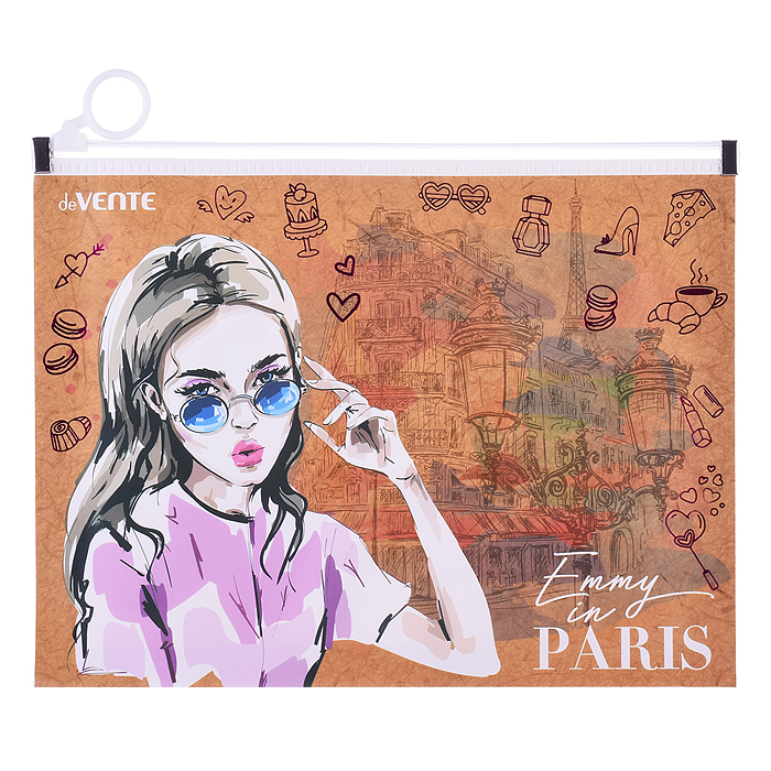 Папка на молнии с расширением "Emmy in Paris" A5 (240x180x25 мм) 180 мкм, фактура крафт-ими