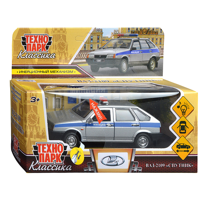 Фото к товару Машина металл ВАЗ-2109" Спутник" Милиция 12см, (откр. дв, баг, сереб,) инерц., в коробке Машина металл ВАЗ-2109" Спутник" Милиция 12см, (откр. дв, баг, сереб,) инерц., в коробке