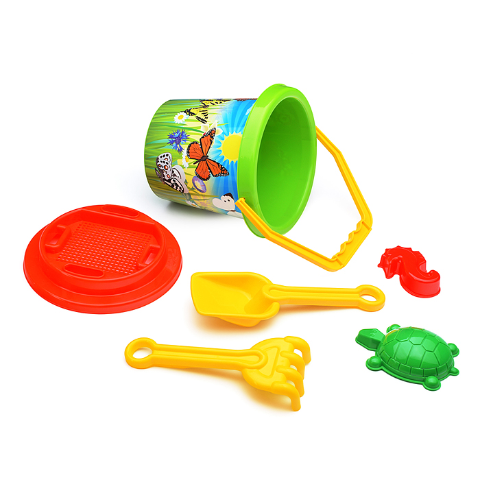 Песочный набор №2 (ведро, лопата, грабли, сито, 2пасочки) Песочный набор №2 (ведро, лопата, грабли, сито, 2пасочки)