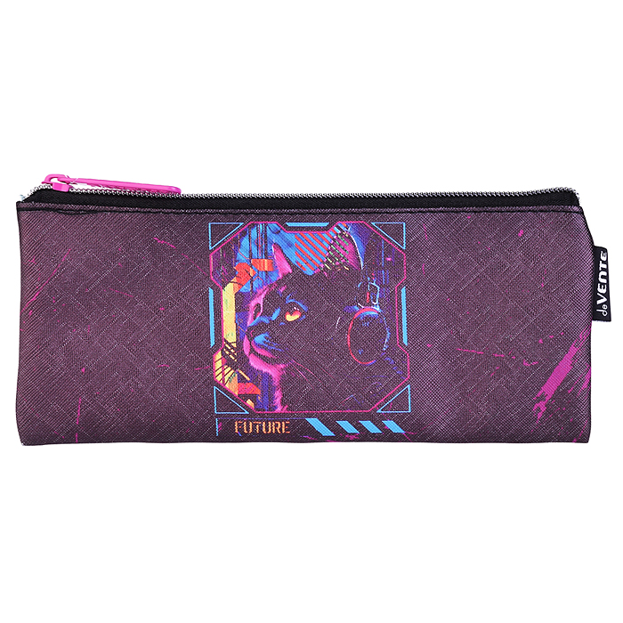 Пенал "Label. Cyber Cat" 21,5x9x1 см, плоский для 35 предметов, на молнии, искусственная кож