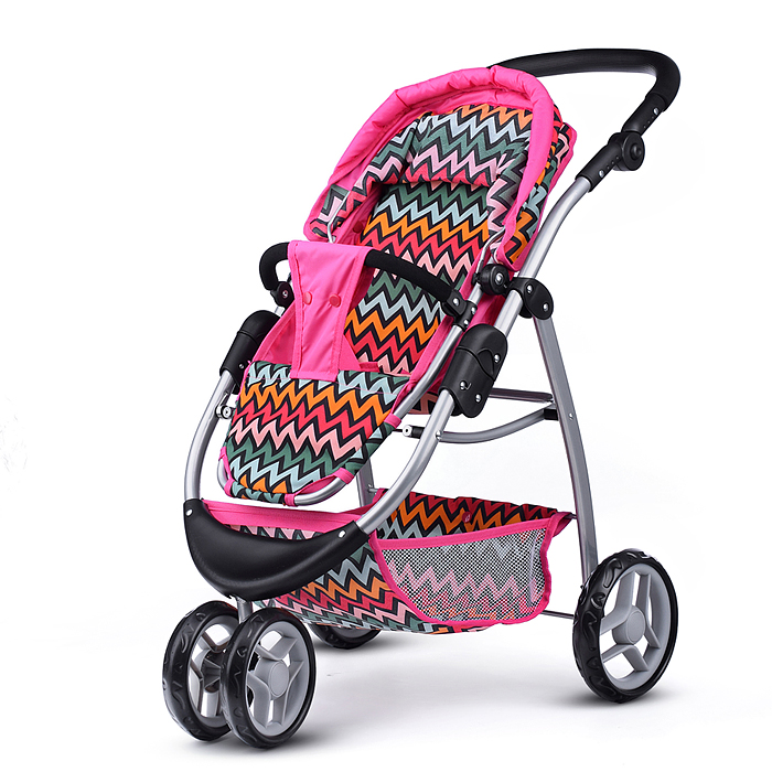 Коляска для кукол 9632 металлическая, прогулочная, цветные линии, зигзаг, цвет розово-голубой 