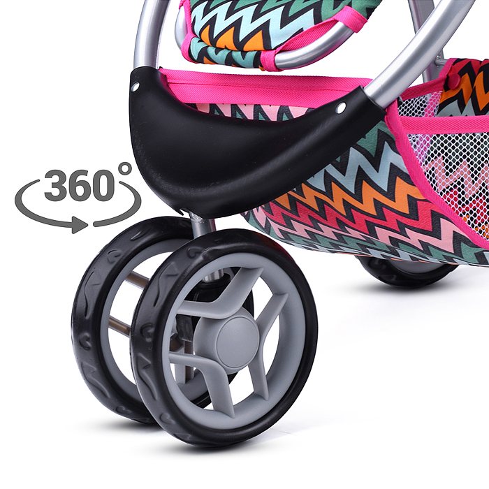 Коляска для кукол 9632 металлическая, прогулочная, цветные линии, зигзаг, цвет розово-голубой 