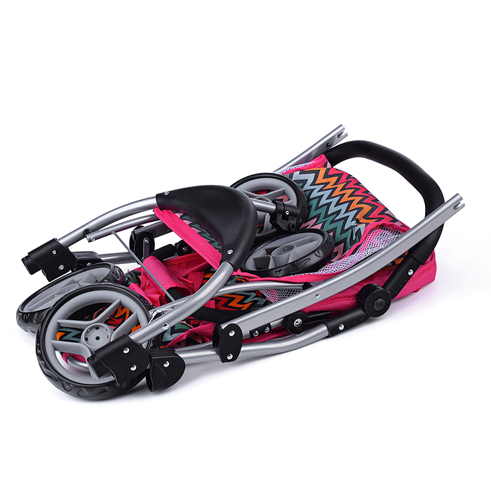 Коляска для кукол 9632 металлическая, прогулочная, цветные линии, зигзаг, цвет розово-голубой 