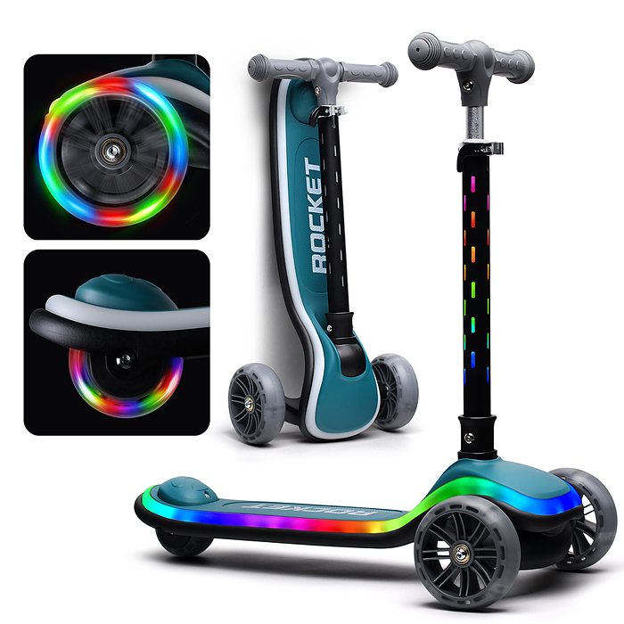 Самокат трёхколёсный R0200 ROCKET светящиеся колеса PU, дека, рулевая стойка, цвет бирюзовый