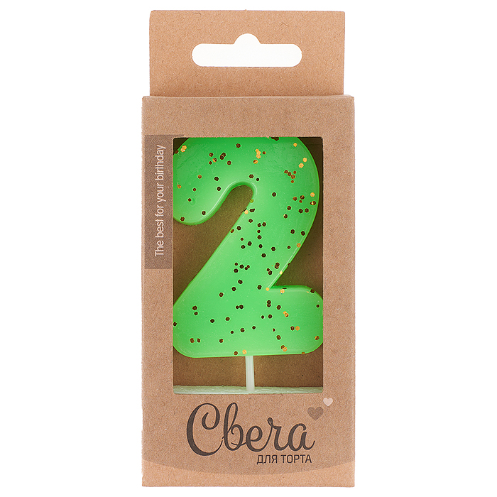 Свеча Цифра, 2 ЭКО, Неон, Зеленый, с блестками, 4*6 + 3 см, 1 шт. с держат.
