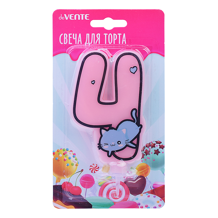Свеча-цифра для торта "Котик" 4, размер свечки 9,1x6,6x1 см, с рисунком, розовая, в картонн