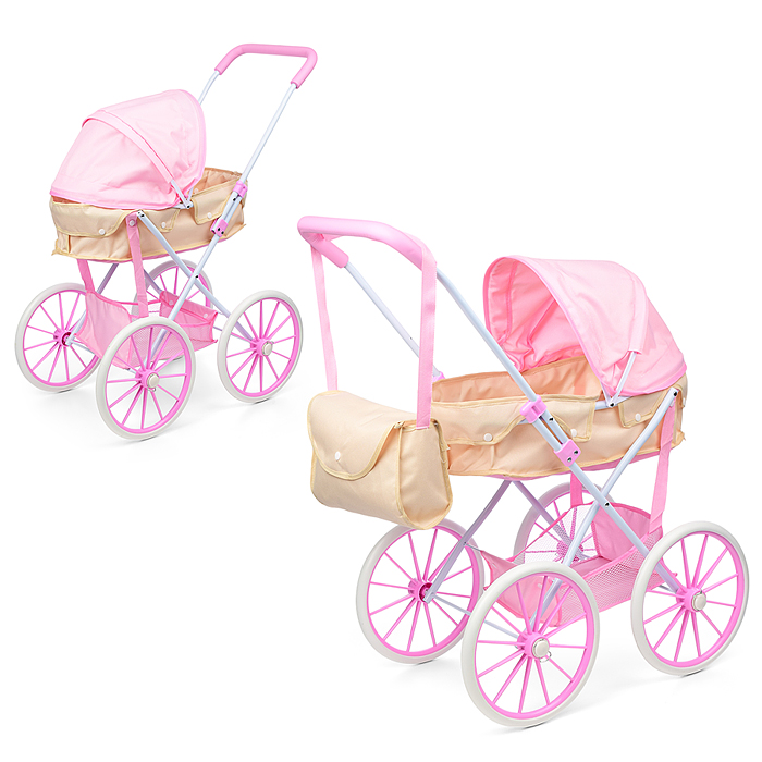 Коляска для кукол LM936B-16 металлическая, прогулочная с капюшоном и сумкой, цвет розово-бежевый
