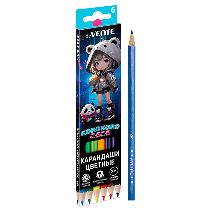 Карандаши цветные 6 цв. "Korokoro" 2М, диаметр грифеля 2,8 мм, шестигранные, в картонной коробке